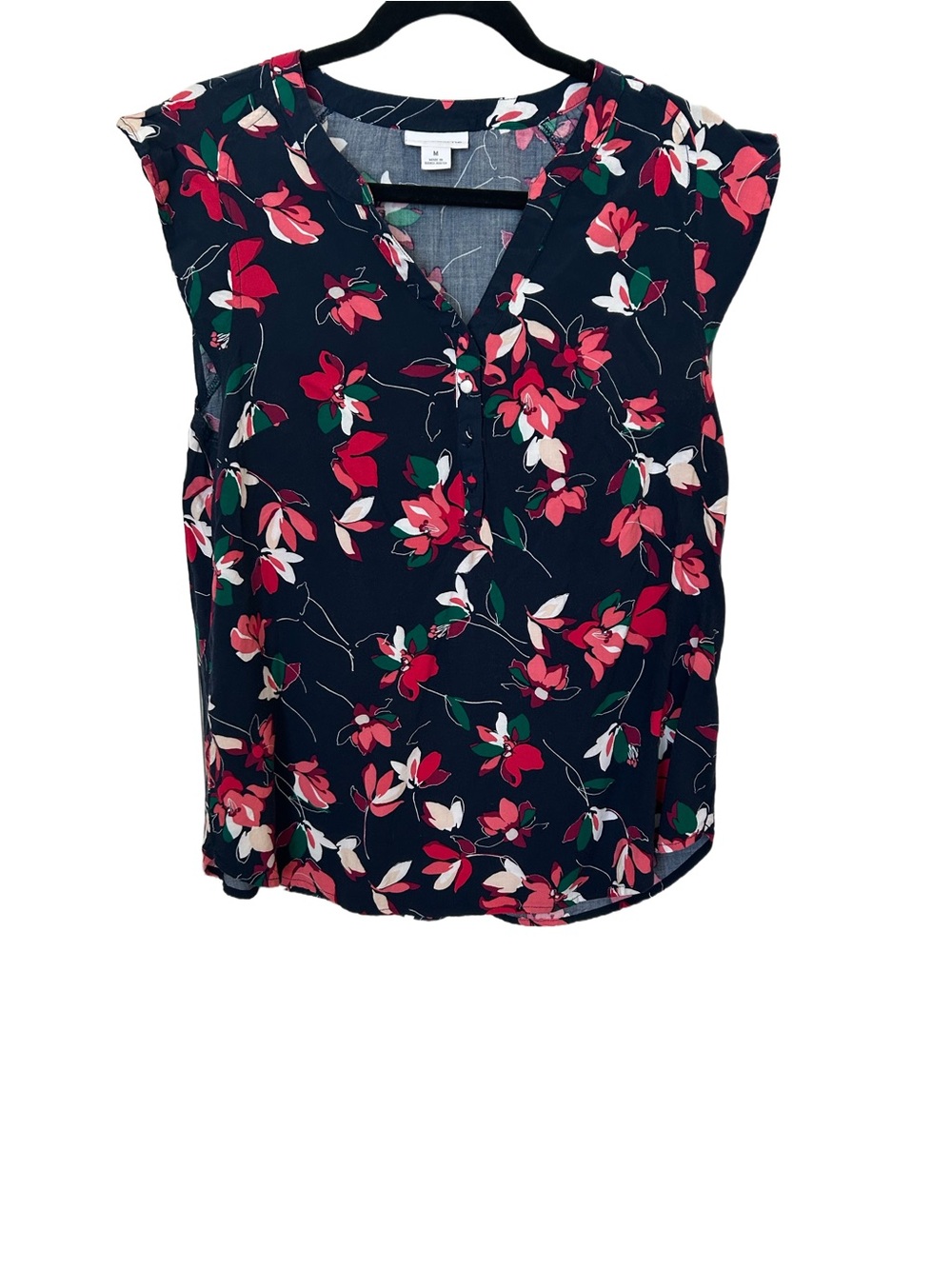 Liz Claiborne Navy Floral Cap Sleeve V-Neck Blouse Sz M  275